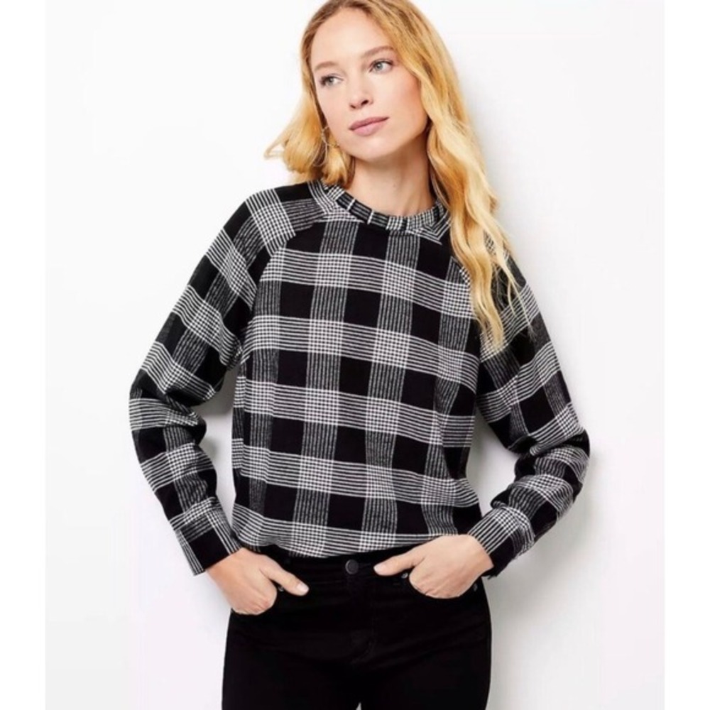 LOFT PLUS Women Black White Plaid Mock Neck Ruffle Long Sleeve Blouse‎ Size 20